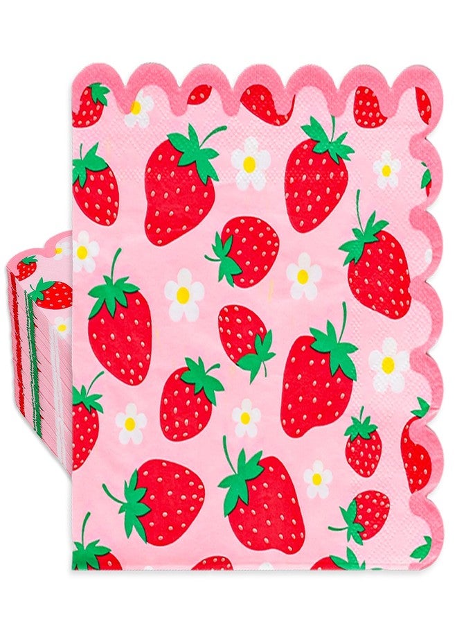 Whaline 50 Pcs Strawberry Scalloped Paper Napkins Pink Red Strawberry Flower Disposable Napkins Fruit Luncheon Dinner Napkin for Birthday Summer Party Table Supplies - Image 1